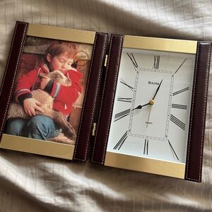 Bulova Hinged Quartz Clock with Leather 3″x5″ Picture Frame